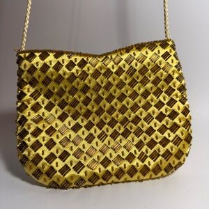 Vintage Gold Beaded Satin Evening Bag Purse with Shoulder Strap
